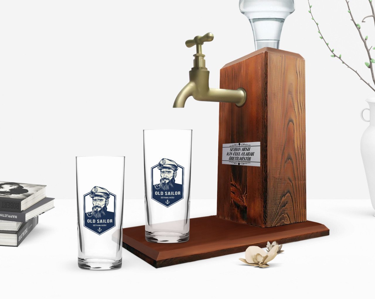 Kişiye Özel Renkli Baskılı Denizci Tasarımlı İkili Rakı Bardağı ve Ahşap Rakı Standı Hediye Seti-1