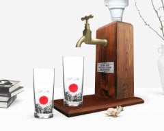Kişiye Özel Renkli Baskılı Japan Tasarımlı İkili Rakı Bardağı ve Ahşap Rakı Standı Hediye Seti-1