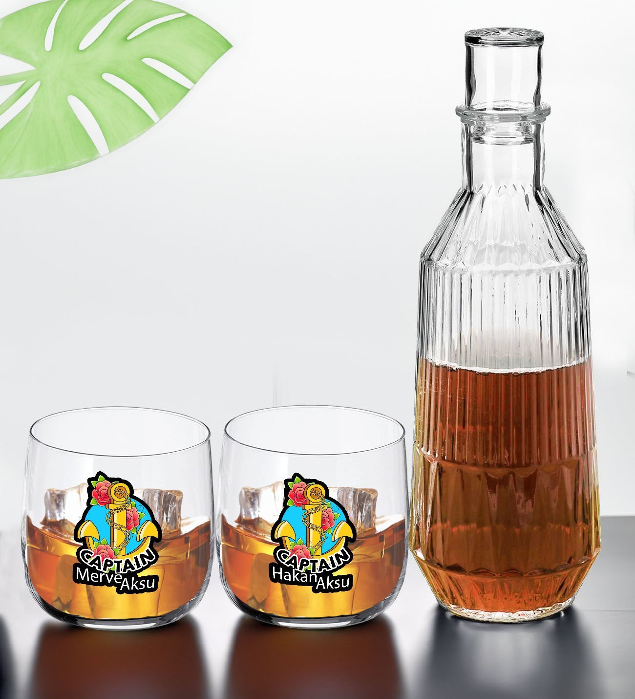 BK Gift Kişiye Özel İsimli DTF Kaptan Tasarımlı İkili Storsınt Viski Kadehi ve Karaf Seti-2, Arkadaşa Hediye, Sevgiliye Hediye
