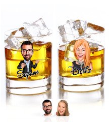 Kişiye Özel Renkli Baskılı Erkek ve Kadın Karikatürlü İkili Viski Bardağı-1