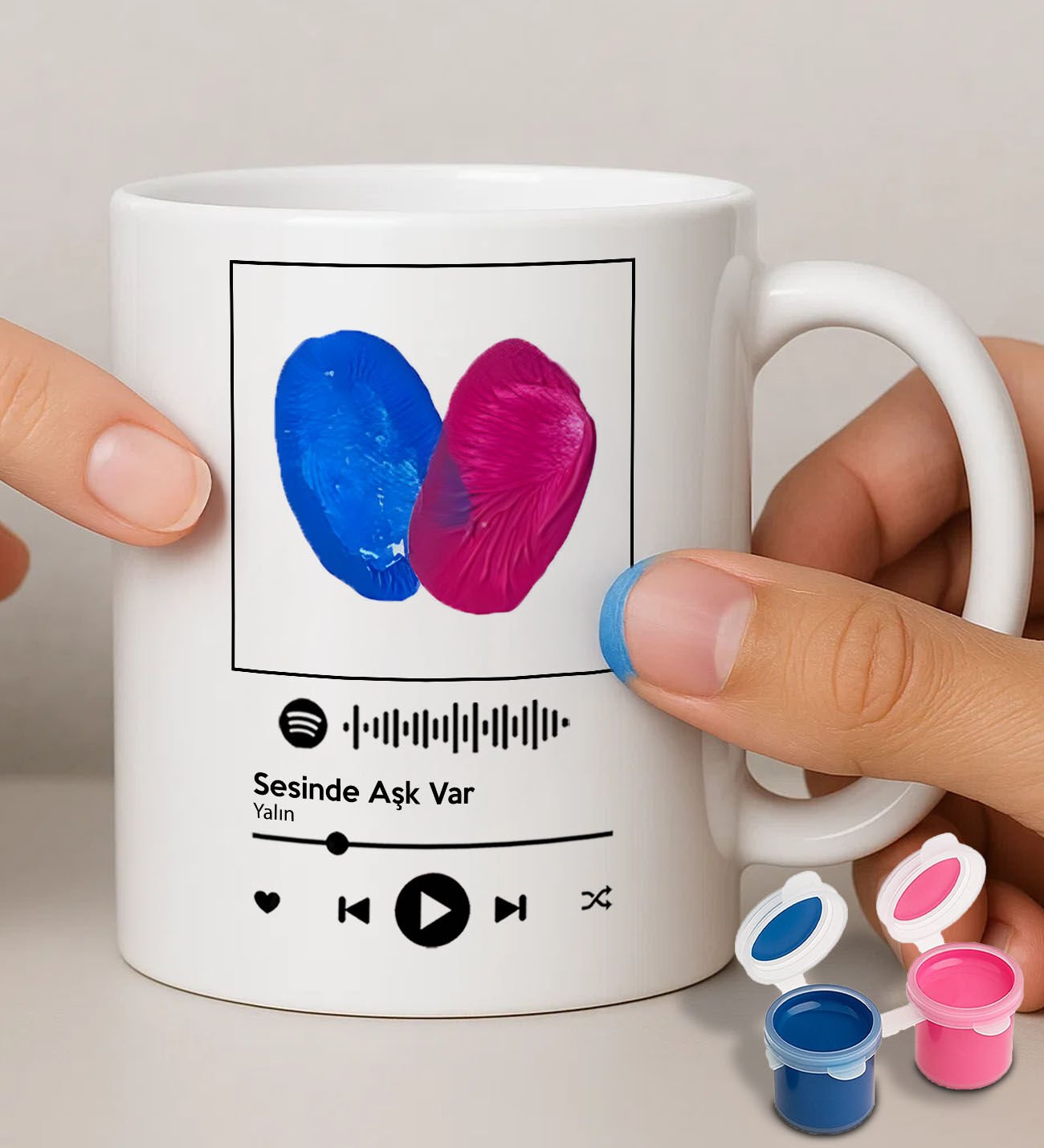 BK Gift Kişiye Özel Parmak İzi Spotify Şarkılı Beyaz Kupa Bardak & Boya Seti-1, Sevgiliye - Doğum Günü Hediyesi