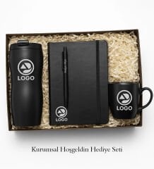 BK Gift Kişiye Özel Logolu Siyah Termos, Kupa, Defter, Tükenmez Kalem Kurumsal Hediye Seti-1 | Kurumsal Welcome Kit, Yeni iş Hediyesi