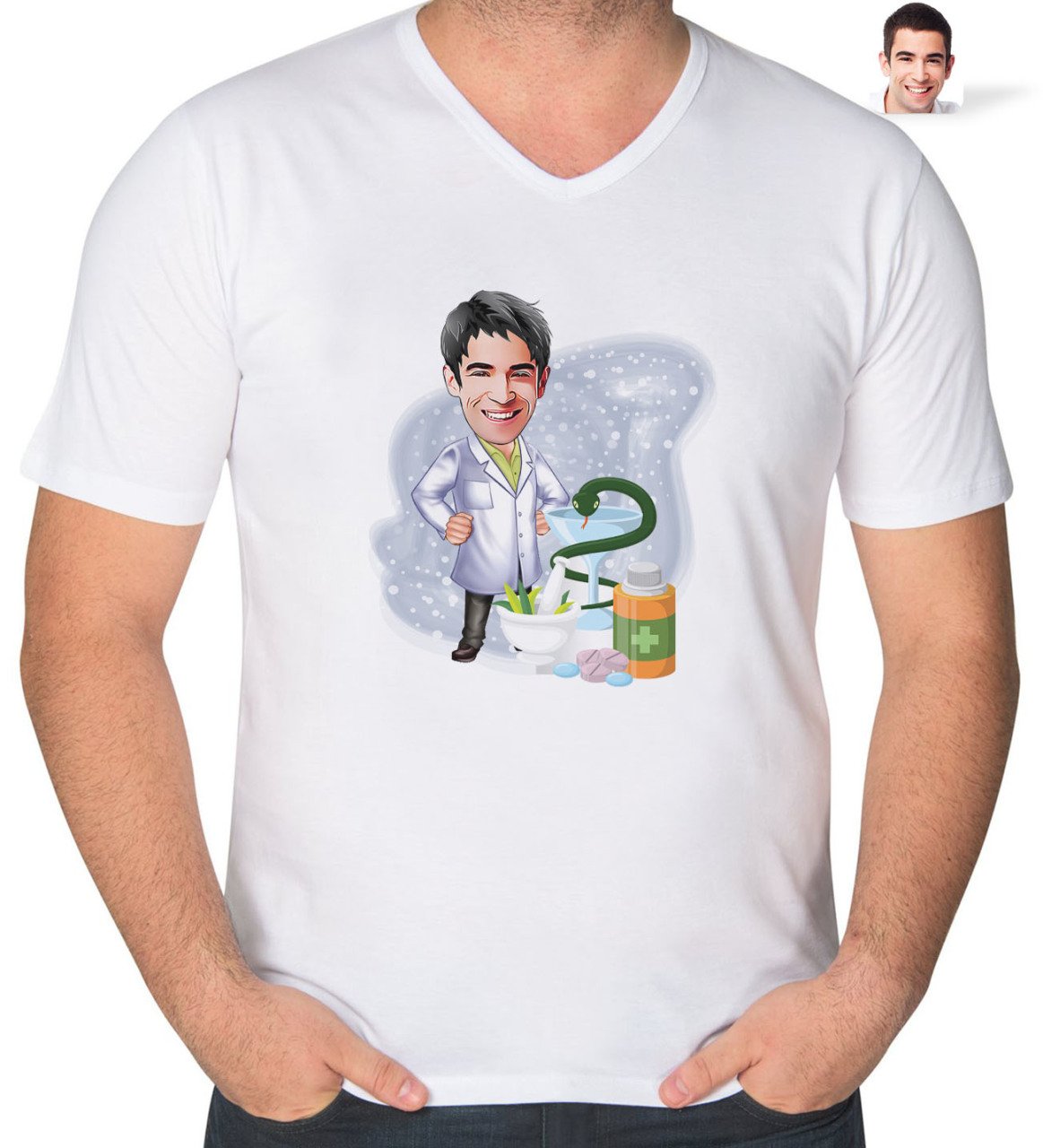 Kişiye Özel Erkek Eczacı Karikatürlü V Yaka Tişört-2