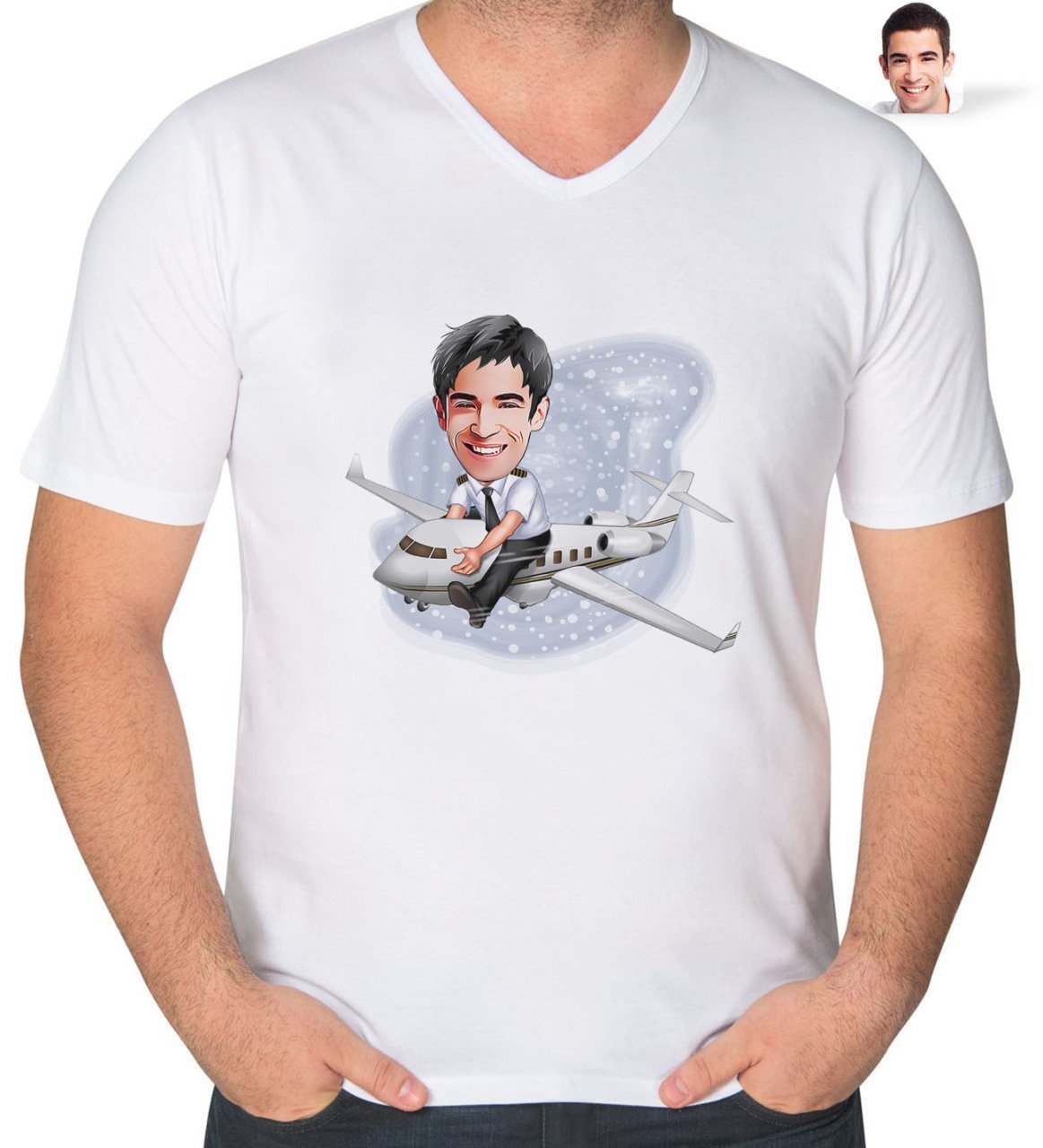 Kişiye Özel Erkek Kaptan Pilot Karikatürlü V Yaka Tişört-1