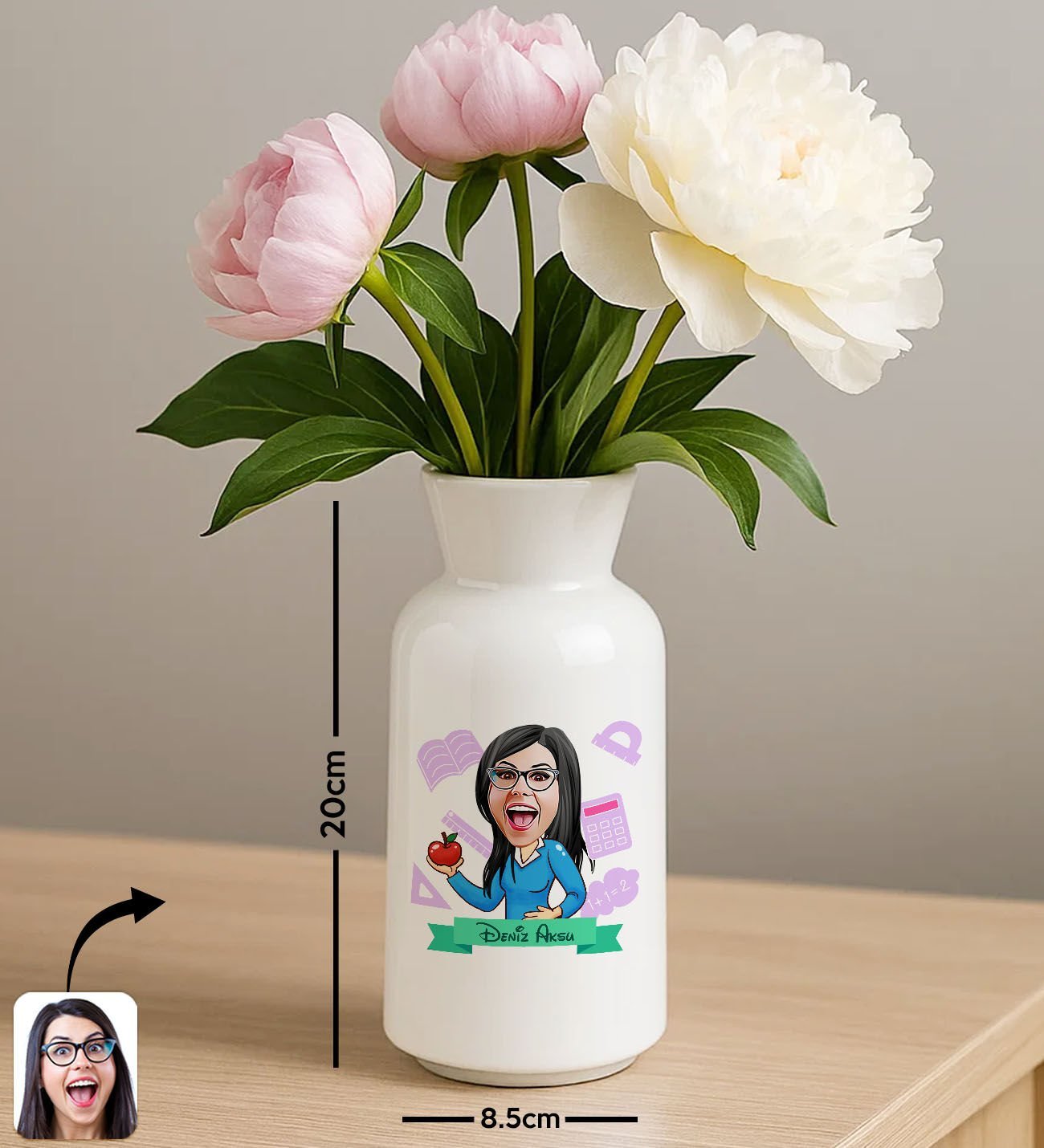 BK Gift Kişiye Özel Karikatürlü Öğretmenler Günü Tasarımlı Seramik Vazo-2, Ev Hediyesi, Öğretmene Hediye