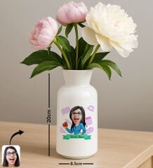 BK Gift Kişiye Özel Karikatürlü Öğretmenler Günü Tasarımlı Seramik Vazo-2, Ev Hediyesi, Öğretmene Hediye