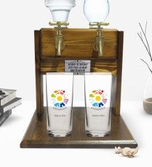 Kişiye Özel Renkli Baskılı Çanakkale Tasarımlı Turistik İkili Rakı Bardağı ve Çift Musluklu Doğal Ahşap Rakı Standı-1