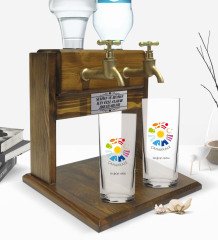 Kişiye Özel Renkli Baskılı Çanakkale Tasarımlı Turistik İkili Rakı Bardağı ve Çift Musluklu Doğal Ahşap Rakı Standı-1