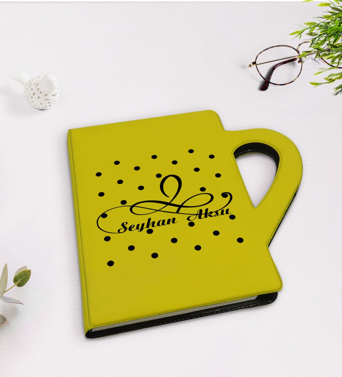 Kişiye Özel İsimli Kupa Şeklinde Sarı Termo Deri Defter Model 4