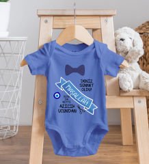 BK Kids Kişiye Özel İsimli Mavi %100 Pamuklu Kısa Kol Bebek Body Zıbın ve Mama Önlüğü Hediye Seti-5