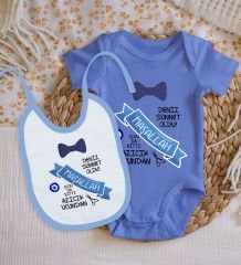 BK Kids Kişiye Özel İsimli Mavi %100 Pamuklu Kısa Kol Bebek Body Zıbın ve Mama Önlüğü Hediye Seti-5