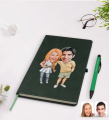 Kişiye Özel Sevgililer Karikatürlü Yeşil Termo Deri Defter Kalem Seti Model 98