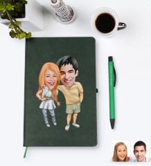Kişiye Özel Sevgililer Karikatürlü Yeşil Termo Deri Defter Kalem Seti Model 98