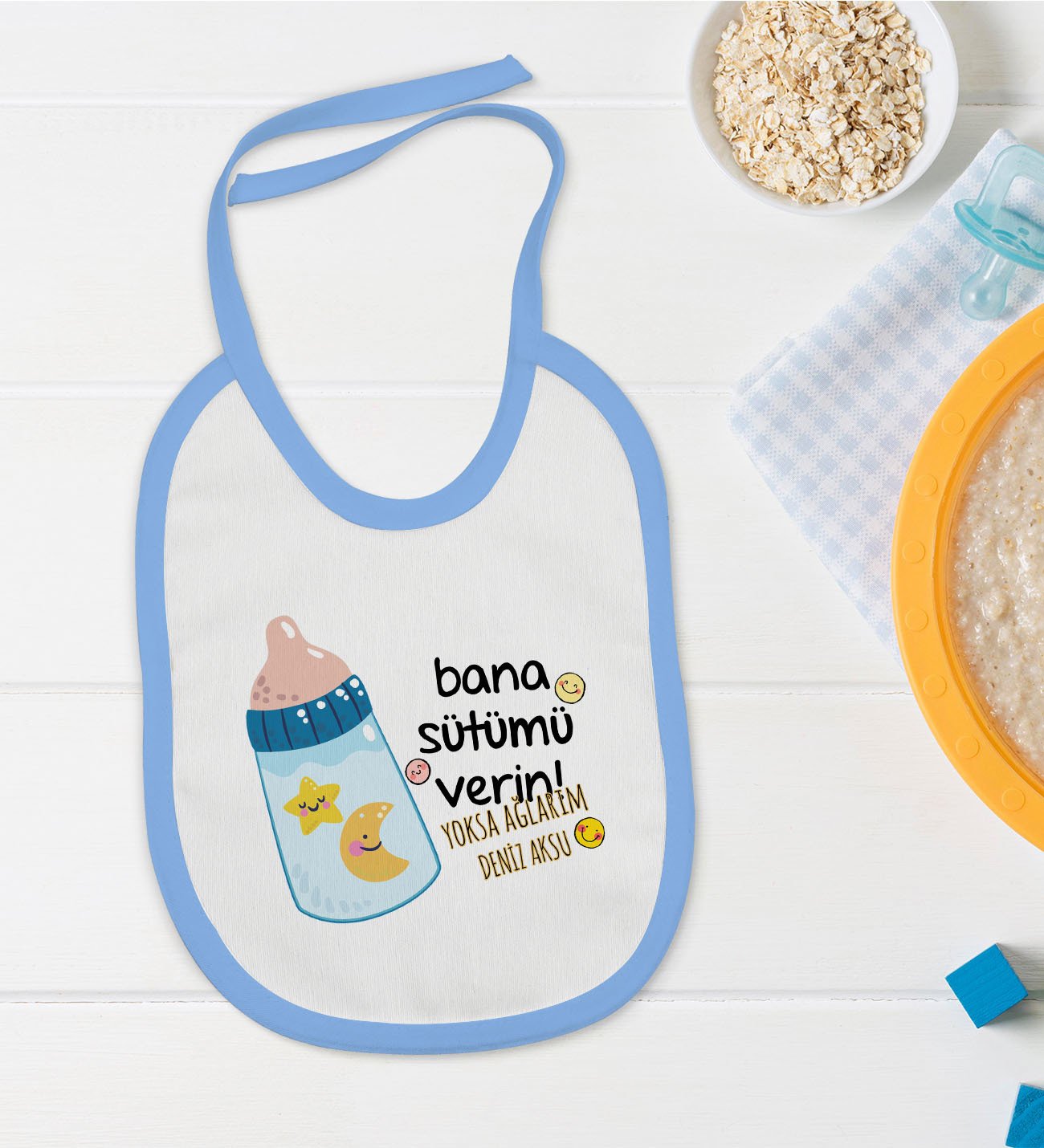 BK Kids Kişiye Özel Mavi Bebek Mama Önlüğü - Model 21