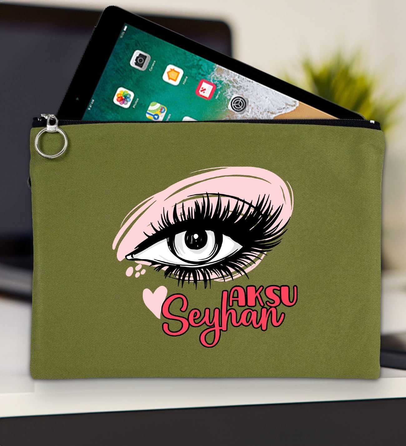BK Gift Kişiye Özel İsimli-5 Yeşil Tablet Çantası 30x21cm, Ipad Çantası, Baskılı Tablet Kılıfı