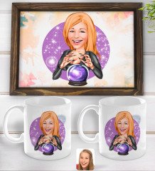 Kişiye Özel Kadın Astrolog Karikatürlü Doğal Ahşap Tepsi ve 2’li Kupa Bardak Seti-1