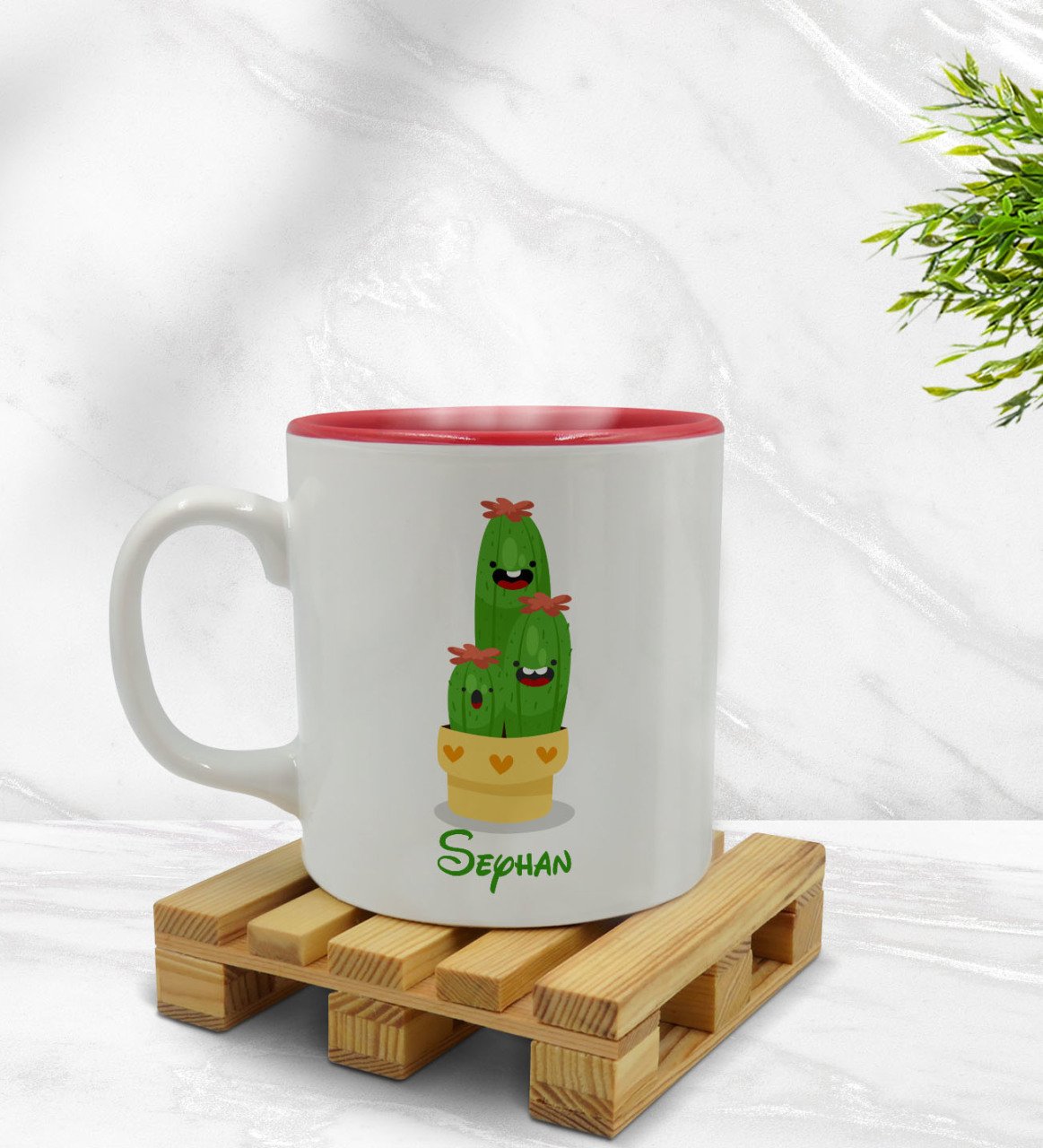 Kişiye Özel Kaktüs Tasarımlı İçi Kırmızı Renkli Kupa Bardak Model 9