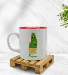 Kişiye Özel Kaktüs Tasarımlı İçi Kırmızı Renkli Kupa Bardak Model 9