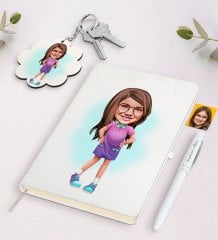 Kişiye Özel Kız Çocuk Karikatürlü Beyaz Defter Kalem ve Anahtarlık Hediye Seti-3