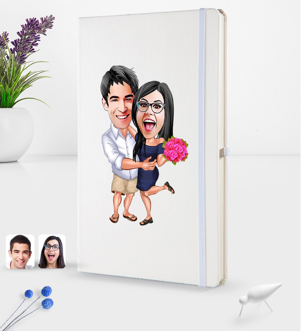 Kişiye Özel Sevgililer Karikatürlü Beyaz Termo Deri Defter 16x24cm Model 108