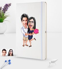 Kişiye Özel Sevgililer Karikatürlü Beyaz Termo Deri Defter 16x24cm Model 108