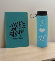 BK Gift Sevgiliye Özel İsimli Turkuaz Defter ve Cam Matara Hediye Seti-14, Sevgiliye Hediye, Sevgililer Günü, Yeni İş Hediyesi