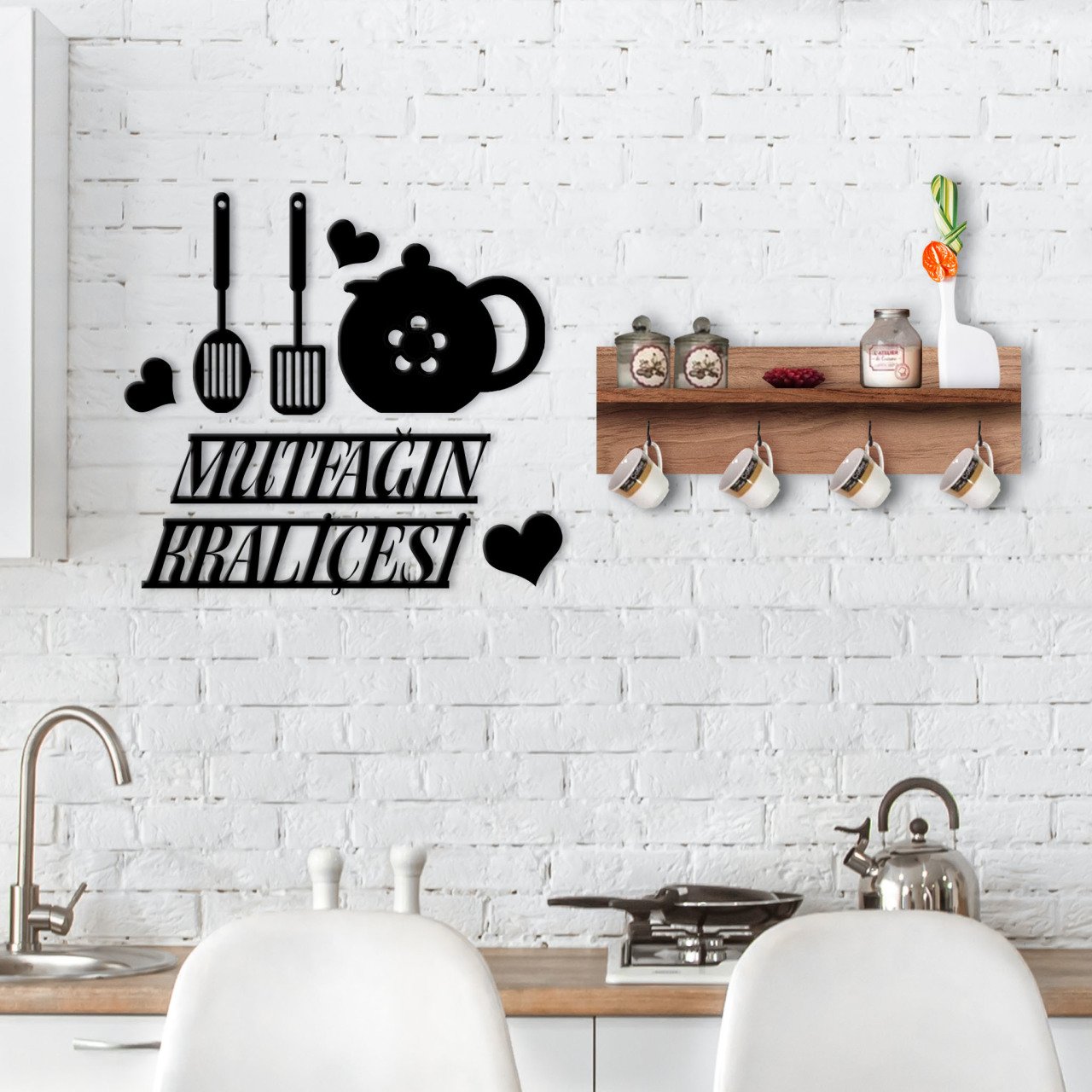 BK Home Doğal Ahşap Raflı Dekoratif Fincan Askılığı ve Mutfak Duvar Süsü-3