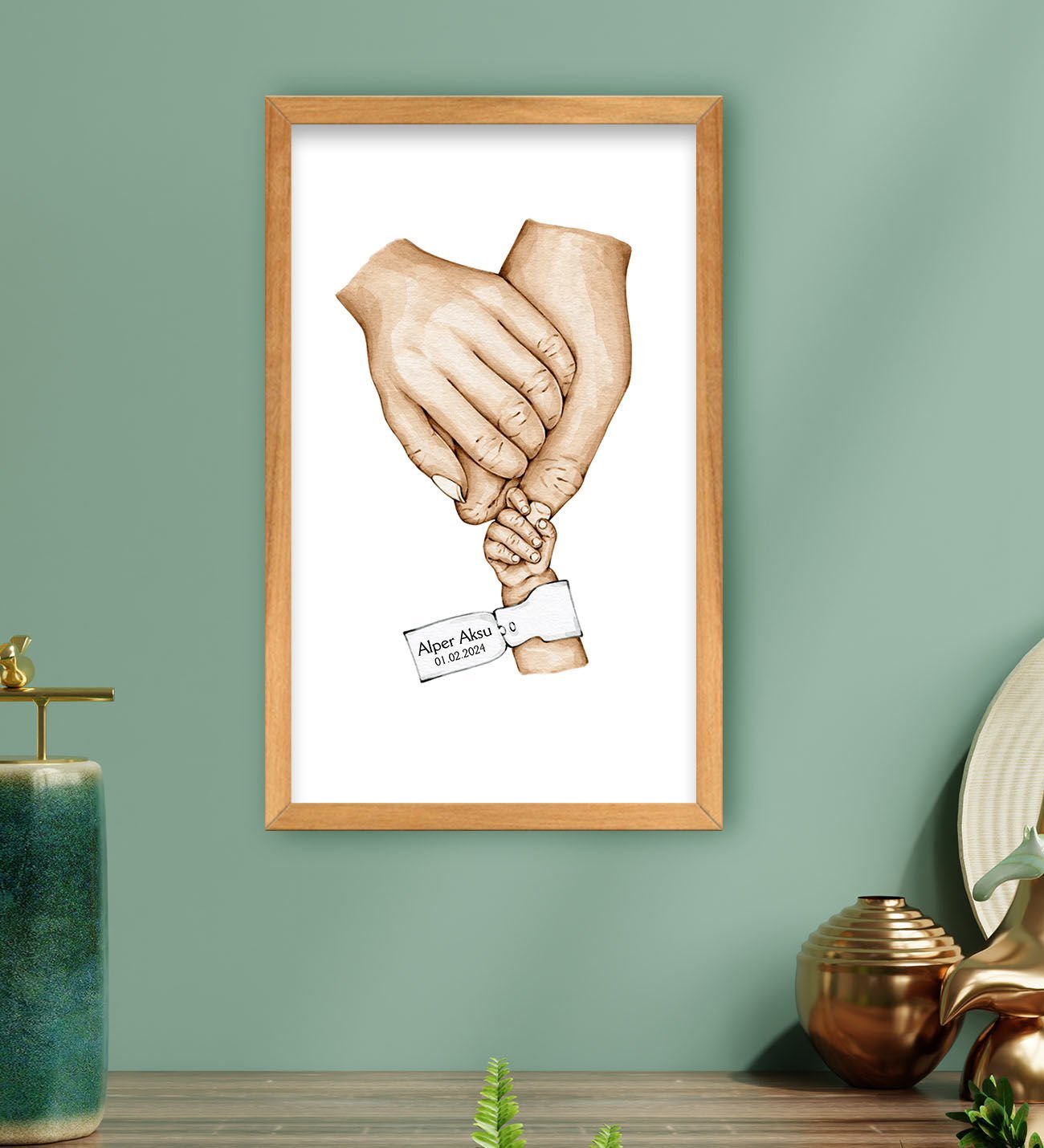 BK Gift Kişiye Özel Renkli El Ele Tutuşan Aile Tasarımlı Ahşap Çerçeveli Tablo-7 40x25cm, Anneye Hediye, Aile Hediyesi