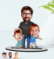 Kişiye Özel Baba Oğul Kız Karikatürlü Ahşap Biblo Model-1
