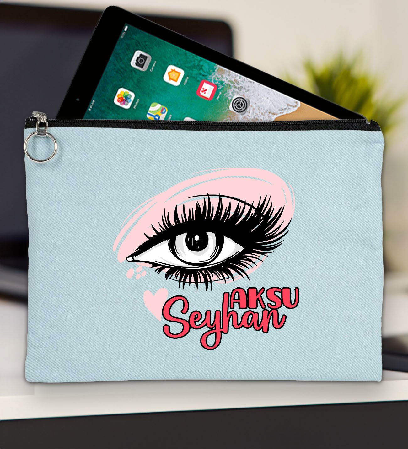 BK Gift Kişiye Özel İsimli-5 Açık Mavi Tablet Çantası 30x21cm, Ipad Çantası, Baskılı Tablet Kılıfı