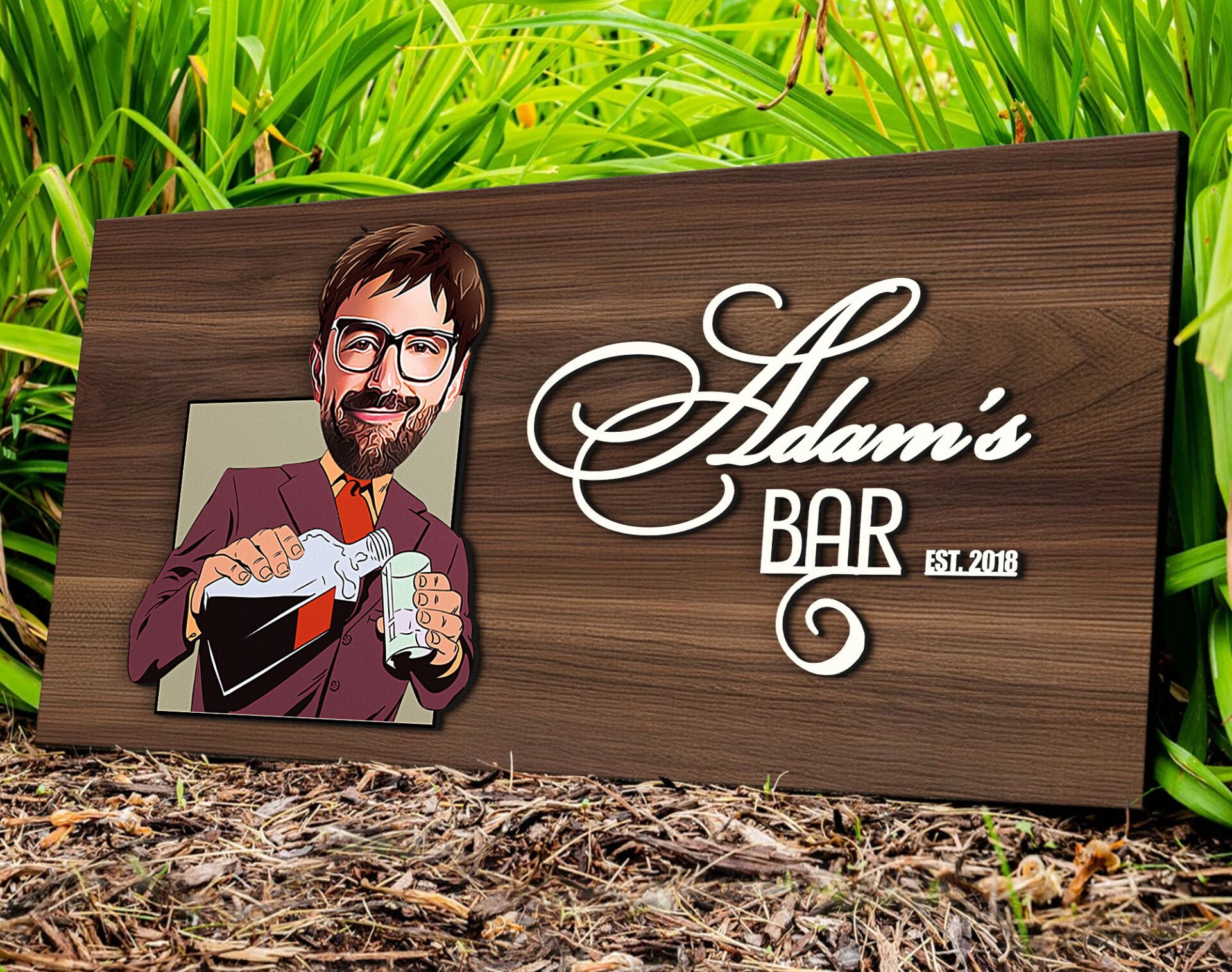 BK Gift Kişiye Özel Erkek Karikatürlü Kabartma Tasarım Antik Ceviz Ahşap Tabela-6, Dekoratif Tabela, Rustik Ev Dekorasyonu