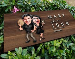 BK Gift Kişiye Özel Sevgililer Karikatürlü Kabartma Tasarım Antik Ceviz Ahşap Tabela-18, Dekoratif Tabela, Rustik Ev Dekorasyonu