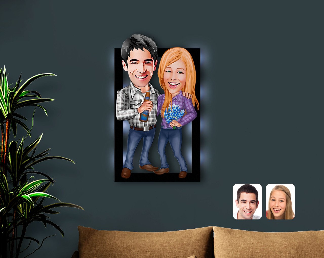 Kişiye Özel Sevgililer Karikatürlü 3D Led Işıklı Ahşap Tablo-50