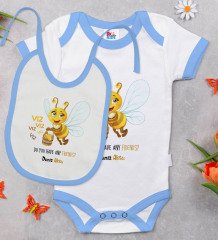 BK Kids Kişiye Özel Arı Tasarımlı Mavi Bebek Body Zıbın ve Mama Önlüğü Hediye Seti