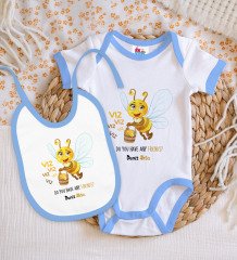 BK Kids Kişiye Özel Arı Tasarımlı Mavi Bebek Body Zıbın ve Mama Önlüğü Hediye Seti