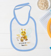 BK Kids Kişiye Özel Arı Tasarımlı Mavi Bebek Body Zıbın ve Mama Önlüğü Hediye Seti