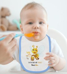BK Kids Kişiye Özel Arı Tasarımlı Mavi Bebek Body Zıbın ve Mama Önlüğü Hediye Seti