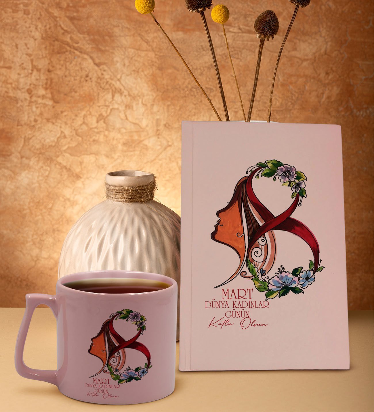 BK Gift 8 Mart Tasarımlı Pudra Pembesi Sert Kapaklı Defter ve Middle Kupa Seti, Arkadaşa Hediye, Yeni İş Hediyesi, Doğum Günü Hediyesi-1