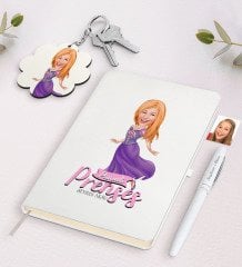 Kişiye Özel Pamuk Prenses Karikatürlü Beyaz Defter Kalem ve Anahtarlık Hediye Seti-1
