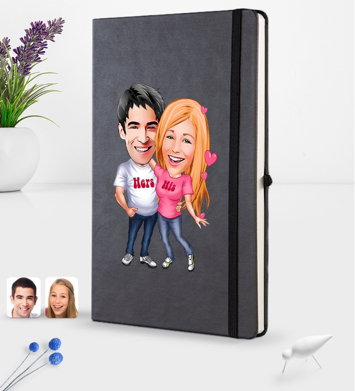Kişiye Özel Sevgililer Karikatürlü Siyah Termo Deri Defter 16x24cm Model 5