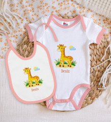 BK Kids Kişiye Özel İsimli Pembe Bebek Body Zıbın ve Mama Önlüğü Hediye Seti-20