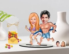Kişiye Özel Sevgililer Karikatürlü 3D Ahşap Biblo ve Çikolatalı Renkli Bonbon Draje Hediye Seti-8