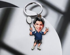 BK Gift Kişiye Özel Erkek Badminton Karikatürlü Ahşap Anahtarlık-1 Sevgiliye Hediye, Arkadaşa Hediye, Doğum Günü Hediyesi