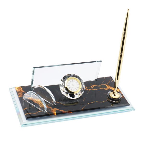 Sublimasyon Kristal Masa İsimliği - Kalemli ve Saatli