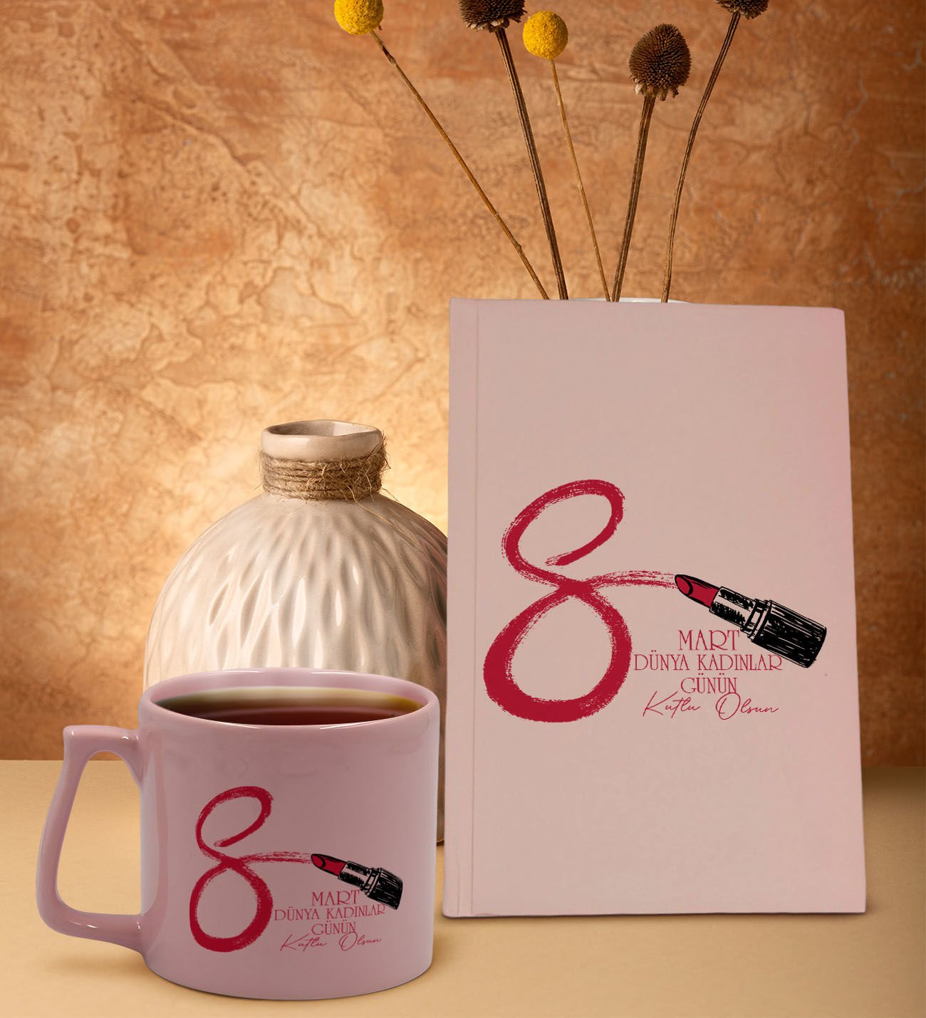 BK Gift 8 Mart Tasarımlı Pudra Pembesi Sert Kapaklı Defter ve Middle Kupa Seti, Arkadaşa Hediye, Yeni İş Hediyesi, Doğum Günü Hediyesi-3