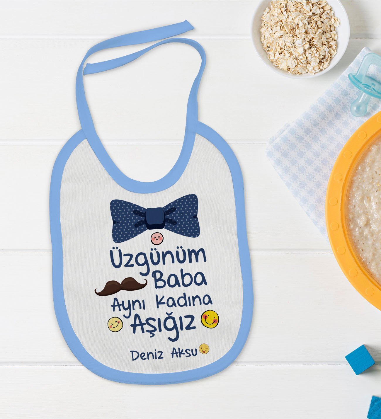 BK Kids Kişiye Özel Mavi Bebek Mama Önlüğü - Model 36