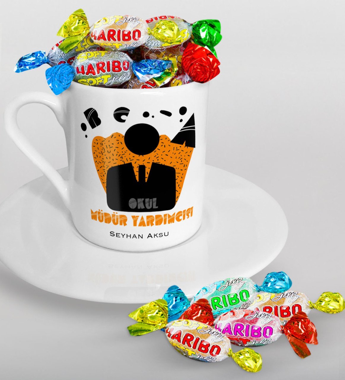 Kişiye Özel Okul Müdür Yardımcısı Türk Kahvesi Fincanı ve Haribo Şeker Hediye Seti-2