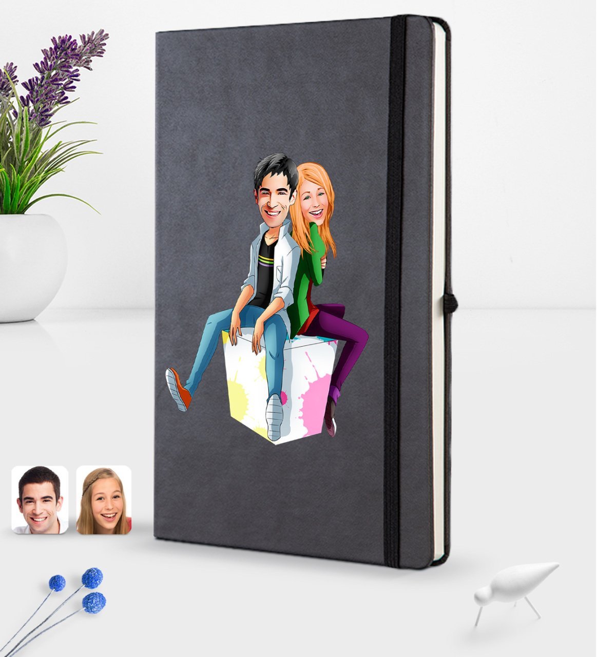 Kişiye Özel Sevgililer Karikatürlü Siyah Termo Deri Defter 16x24cm Model 35