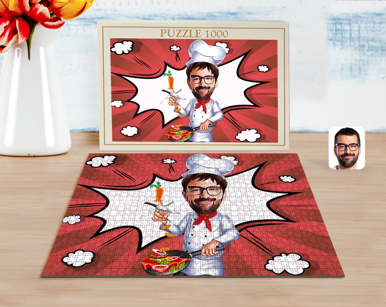 Kişiye Özel Erkek Chef Karikatürlü 1000 Parça Profesyonel Puzzle-1
