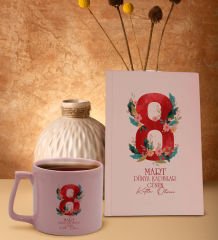 BK Gift 8 Mart Tasarımlı Pudra Pembesi Sert Kapaklı Defter ve Middle Kupa Seti, Arkadaşa Hediye, Yeni İş Hediyesi, Doğum Günü Hediyesi-5